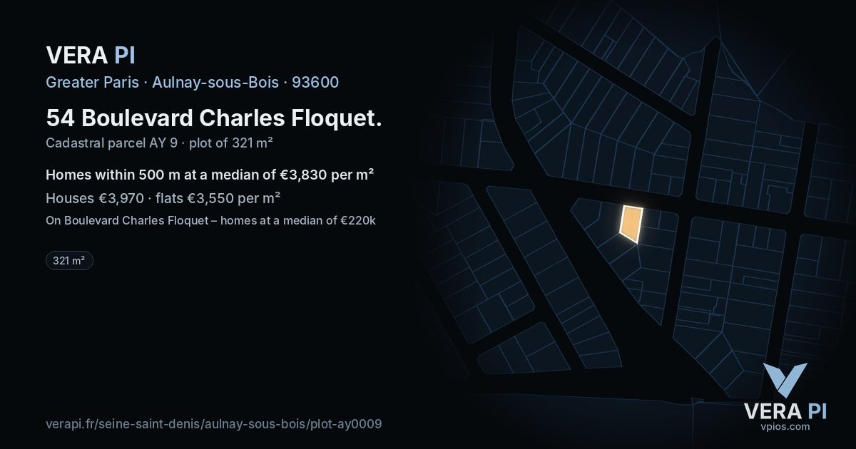 54 Boulevard Charles Floquet, Aulnay-sous-Bois at night – the plot lit, the parcels around coloured by the prices near them