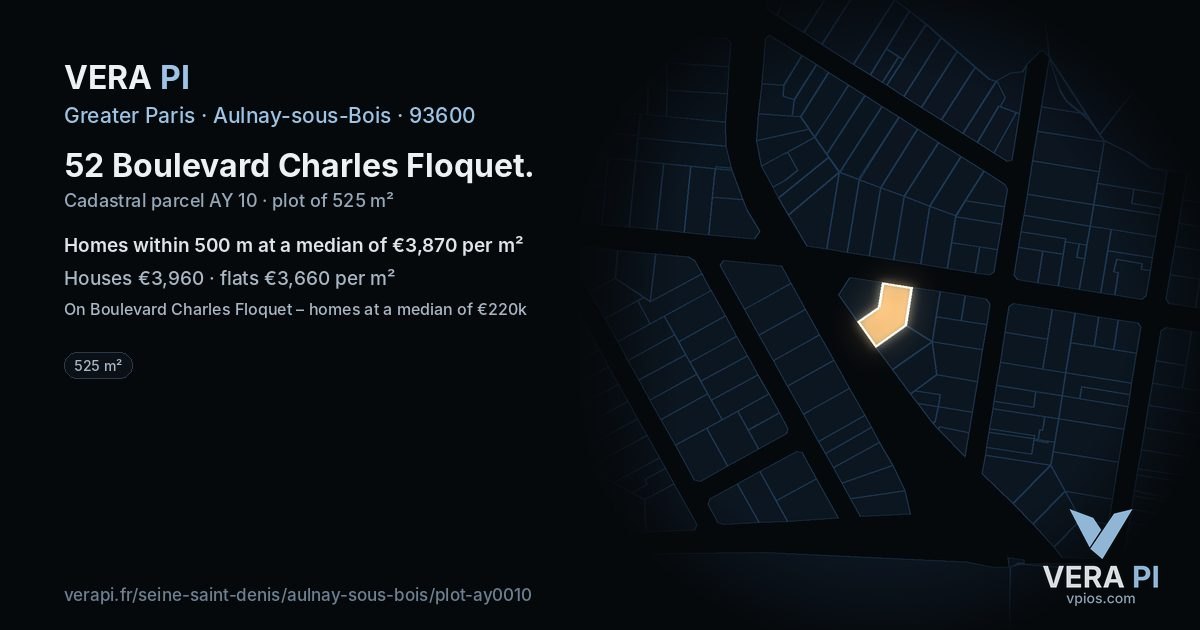 52 Boulevard Charles Floquet, Aulnay-sous-Bois at night – the plot lit, the parcels around coloured by the prices near them