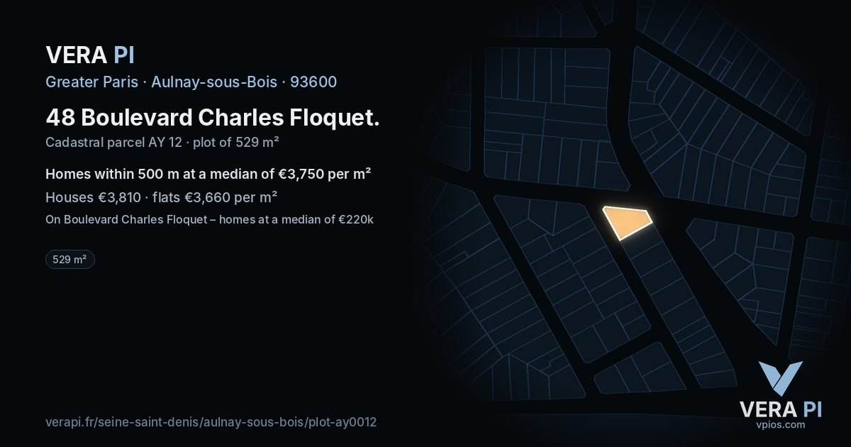 48 Boulevard Charles Floquet, Aulnay-sous-Bois at night – the plot lit, the parcels around coloured by the prices near them