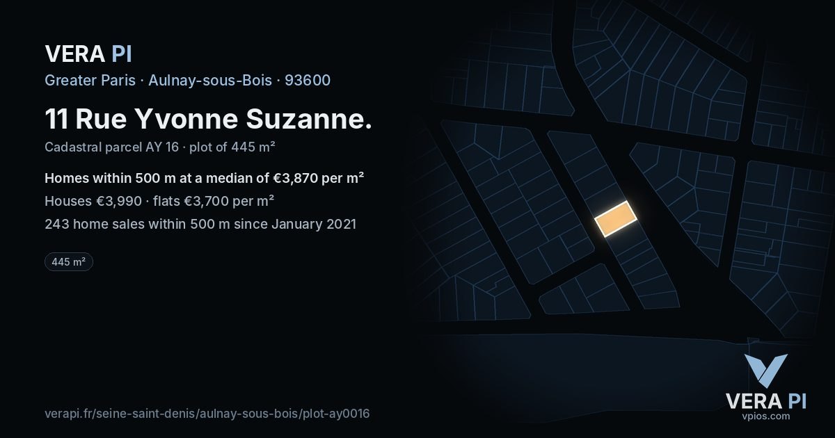 11 Rue Yvonne Suzanne, Aulnay-sous-Bois at night – the plot lit, the parcels around coloured by the prices near them