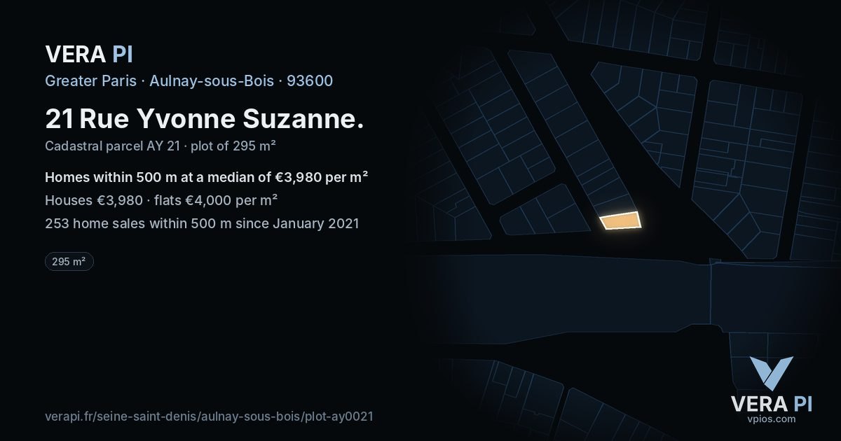 21 Rue Yvonne Suzanne, Aulnay-sous-Bois at night – the plot lit, the parcels around coloured by the prices near them