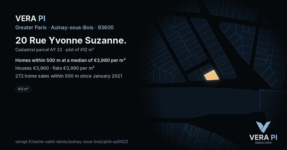 20 Rue Yvonne Suzanne, Aulnay-sous-Bois at night – the plot lit, the parcels around coloured by the prices near them