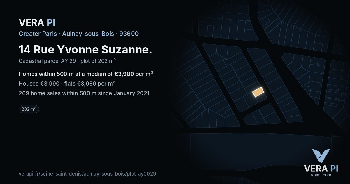 14 Rue Yvonne Suzanne, Aulnay-sous-Bois at night – the plot lit, the parcels around coloured by the prices near them