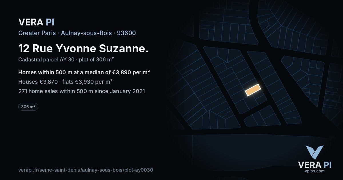 12 Rue Yvonne Suzanne, Aulnay-sous-Bois at night – the plot lit, the parcels around coloured by the prices near them