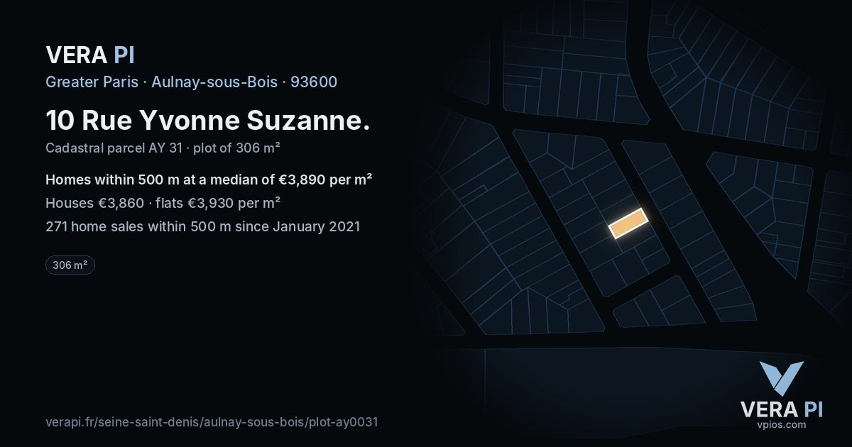 10 Rue Yvonne Suzanne, Aulnay-sous-Bois at night – the plot lit, the parcels around coloured by the prices near them