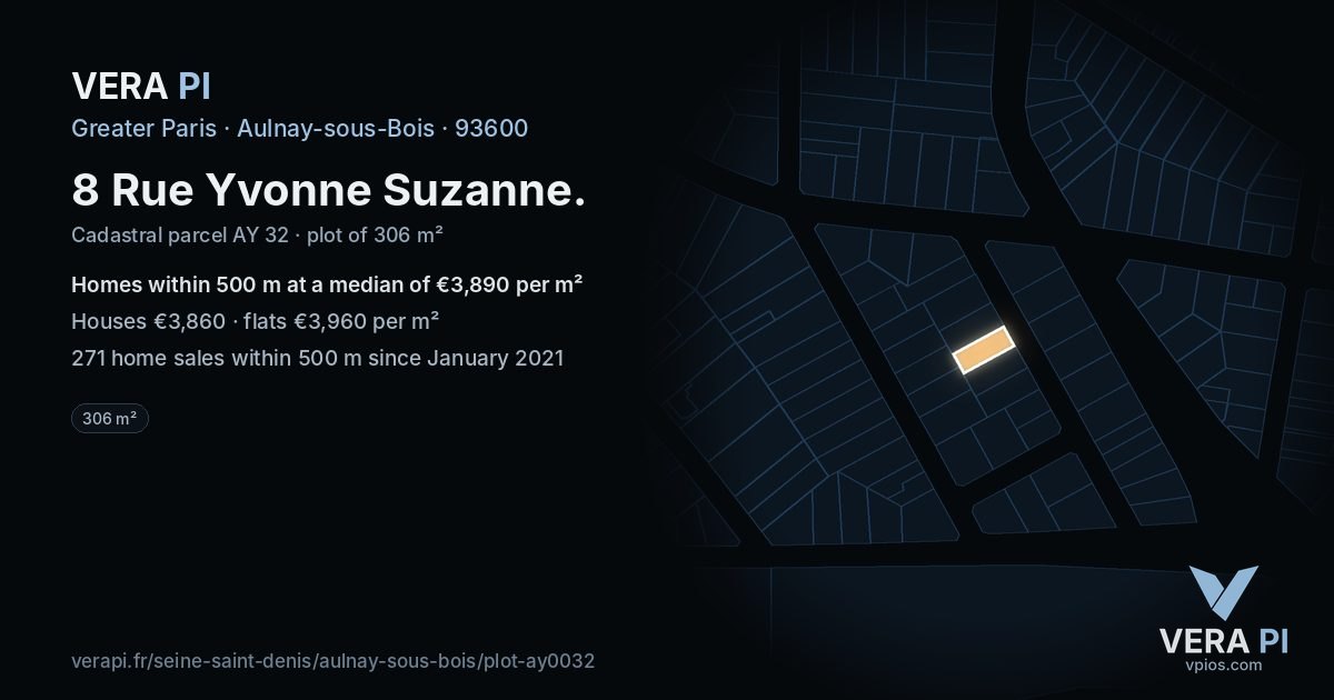 8 Rue Yvonne Suzanne, Aulnay-sous-Bois at night – the plot lit, the parcels around coloured by the prices near them