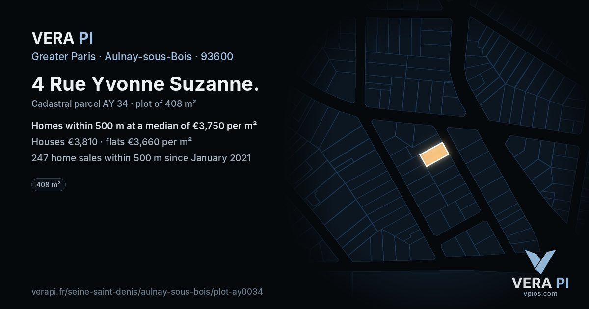 4 Rue Yvonne Suzanne, Aulnay-sous-Bois at night – the plot lit, the parcels around coloured by the prices near them