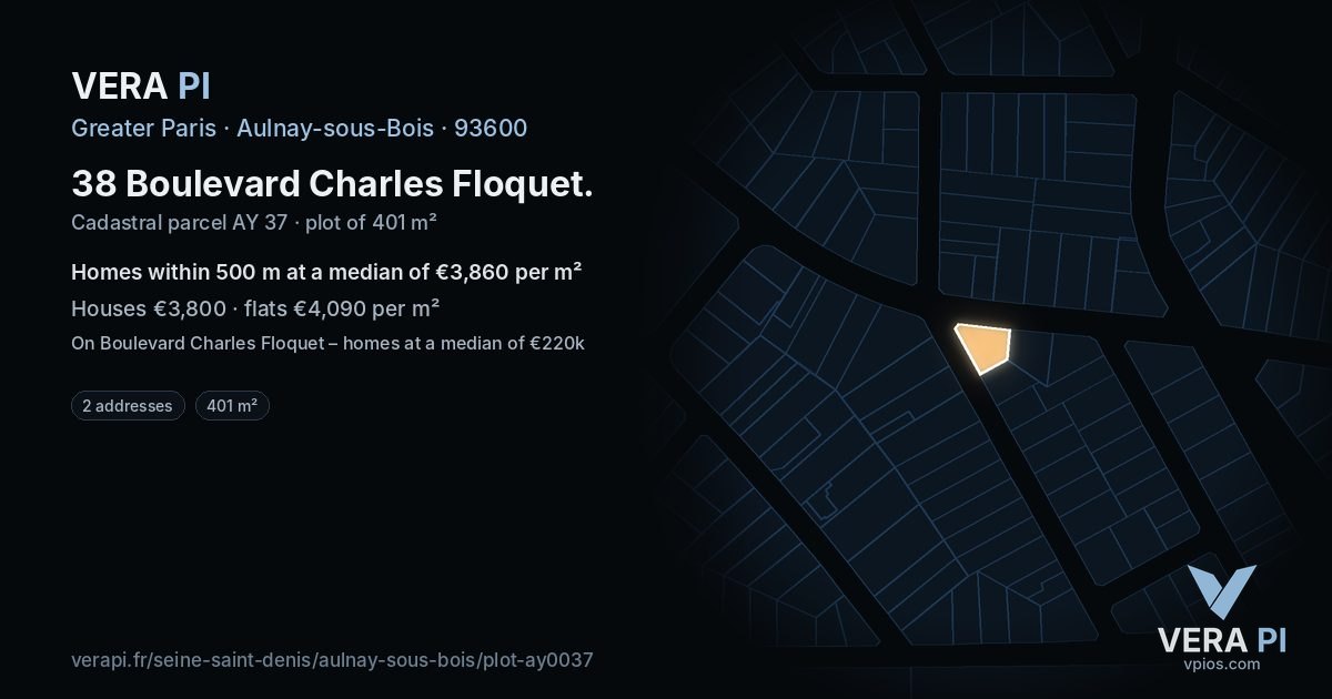 38 Boulevard Charles Floquet, Aulnay-sous-Bois at night – the plot lit, the parcels around coloured by the prices near them