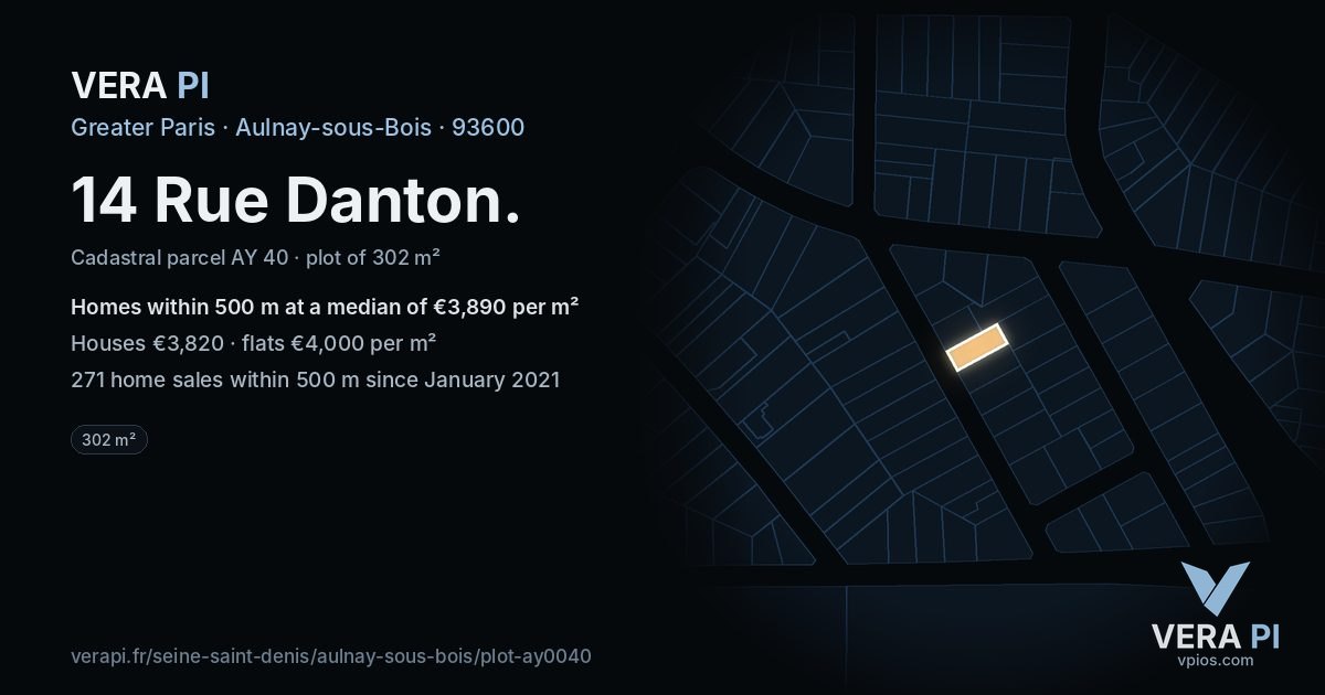 14 Rue Danton, Aulnay-sous-Bois at night – the plot lit, the parcels around coloured by the prices near them