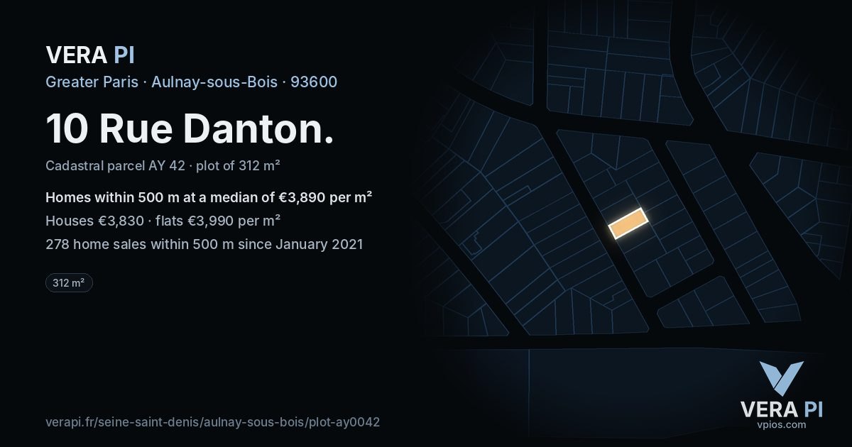10 Rue Danton, Aulnay-sous-Bois at night – the plot lit, the parcels around coloured by the prices near them