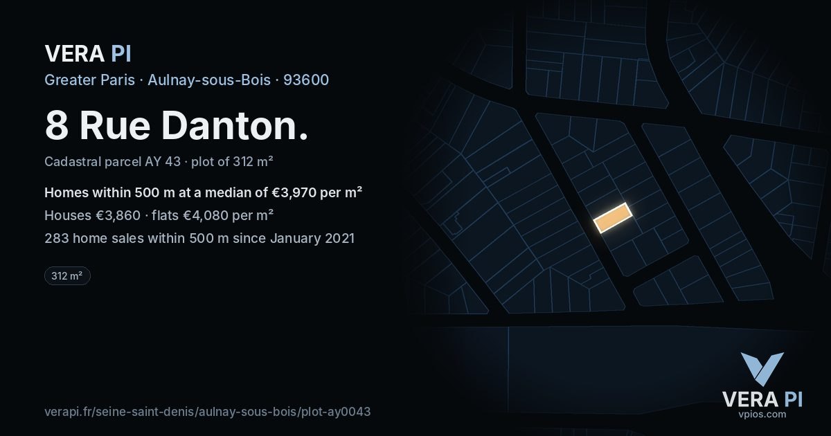 8 Rue Danton, Aulnay-sous-Bois at night – the plot lit, the parcels around coloured by the prices near them