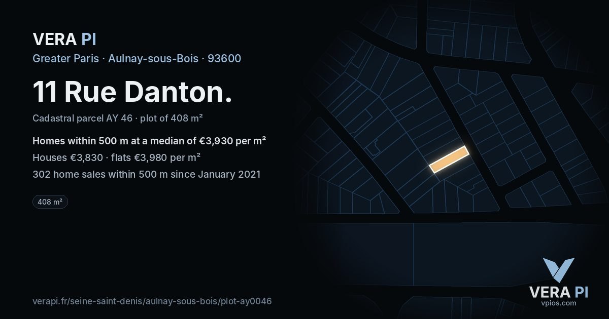 11 Rue Danton, Aulnay-sous-Bois at night – the plot lit, the parcels around coloured by the prices near them