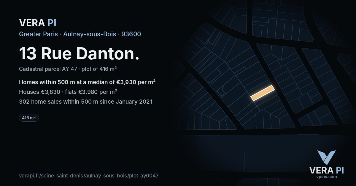 13 Rue Danton, Aulnay-sous-Bois at night – the plot lit, the parcels around coloured by the prices near them