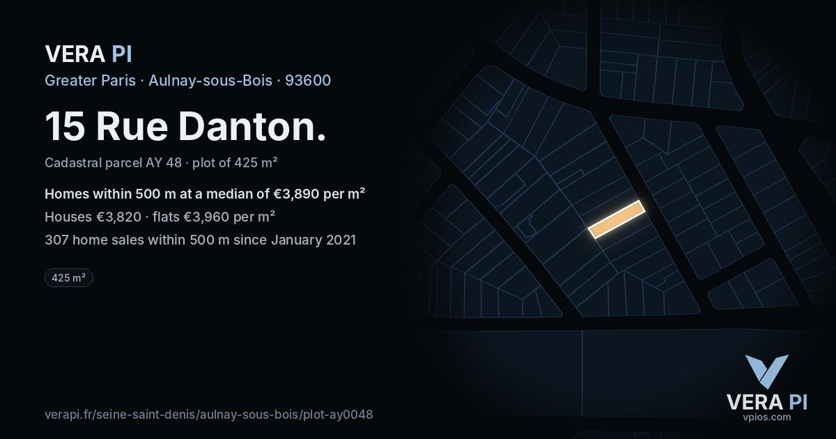 15 Rue Danton, Aulnay-sous-Bois at night – the plot lit, the parcels around coloured by the prices near them