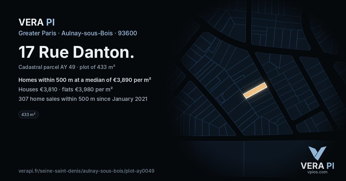 17 Rue Danton, Aulnay-sous-Bois at night – the plot lit, the parcels around coloured by the prices near them