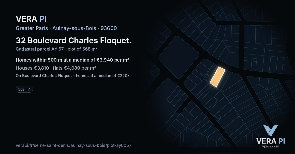 32 Boulevard Charles Floquet, Aulnay-sous-Bois at night – the plot lit, the parcels around coloured by the prices near them