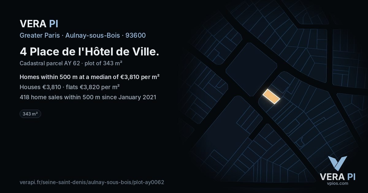 4 Place de l'Hôtel de Ville, Aulnay-sous-Bois at night – the plot lit, the parcels around coloured by the prices near them