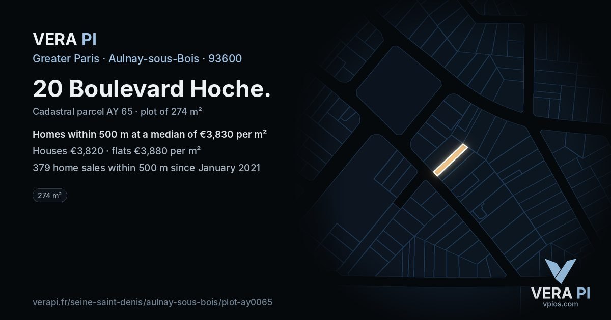 20 Boulevard Hoche, Aulnay-sous-Bois at night – the plot lit, the parcels around coloured by the prices near them