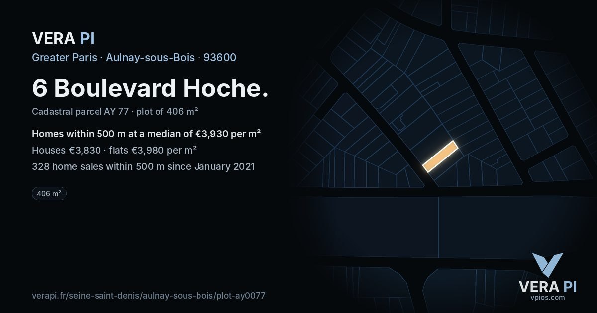 6 Boulevard Hoche, Aulnay-sous-Bois at night – the plot lit, the parcels around coloured by the prices near them