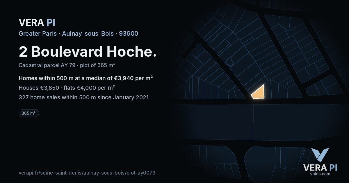 2 Boulevard Hoche, Aulnay-sous-Bois at night – the plot lit, the parcels around coloured by the prices near them
