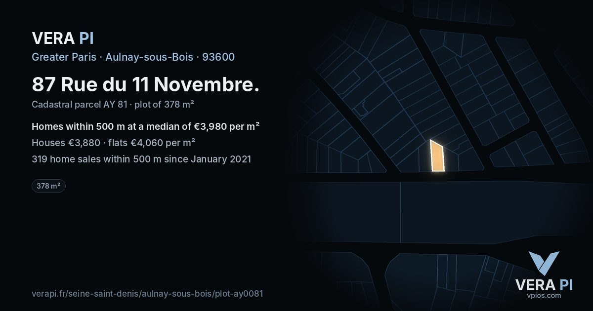 87 Rue du 11 Novembre, Aulnay-sous-Bois at night – the plot lit, the parcels around coloured by the prices near them