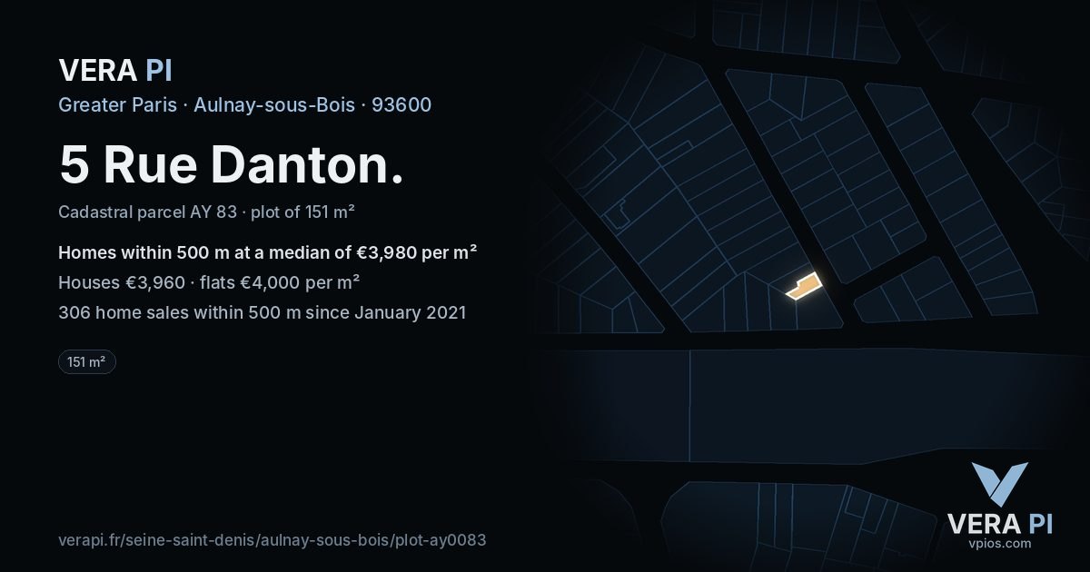 5 Rue Danton, Aulnay-sous-Bois at night – the plot lit, the parcels around coloured by the prices near them