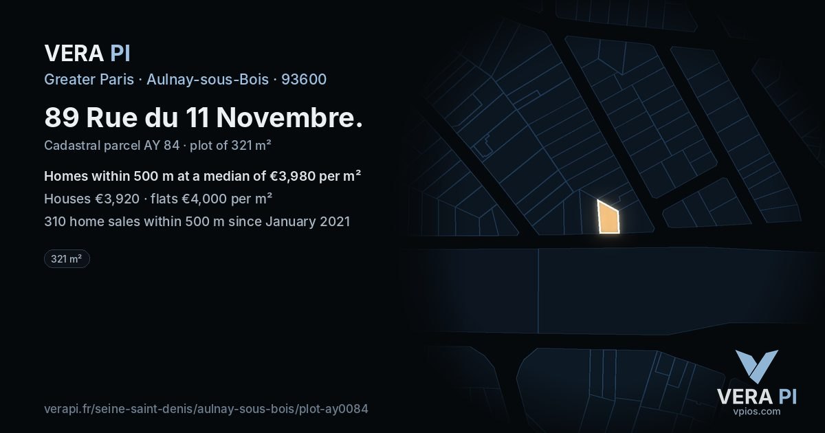 89 Rue du 11 Novembre, Aulnay-sous-Bois at night – the plot lit, the parcels around coloured by the prices near them