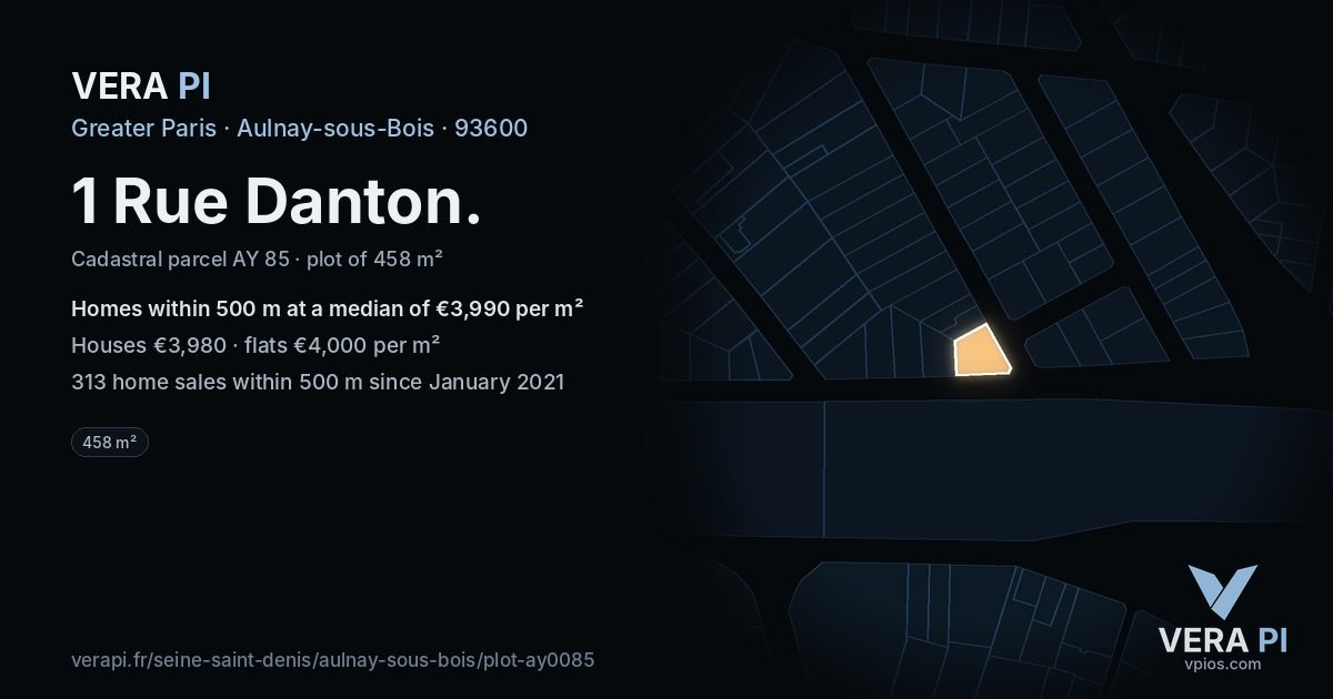 1 Rue Danton, Aulnay-sous-Bois at night – the plot lit, the parcels around coloured by the prices near them