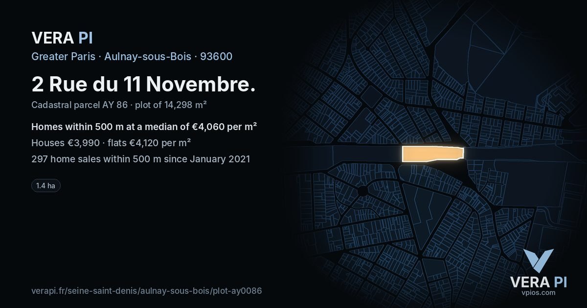 2 Rue du 11 Novembre, Aulnay-sous-Bois at night – the plot lit, the parcels around coloured by the prices near them