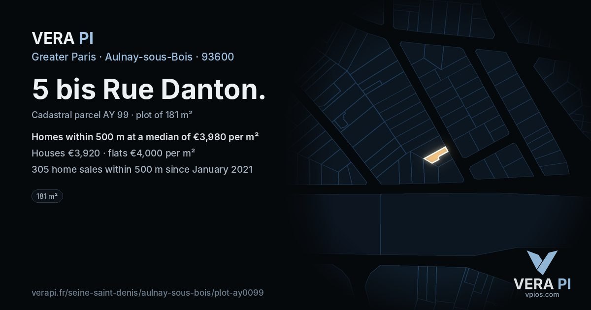 5 bis Rue Danton, Aulnay-sous-Bois at night – the plot lit, the parcels around coloured by the prices near them