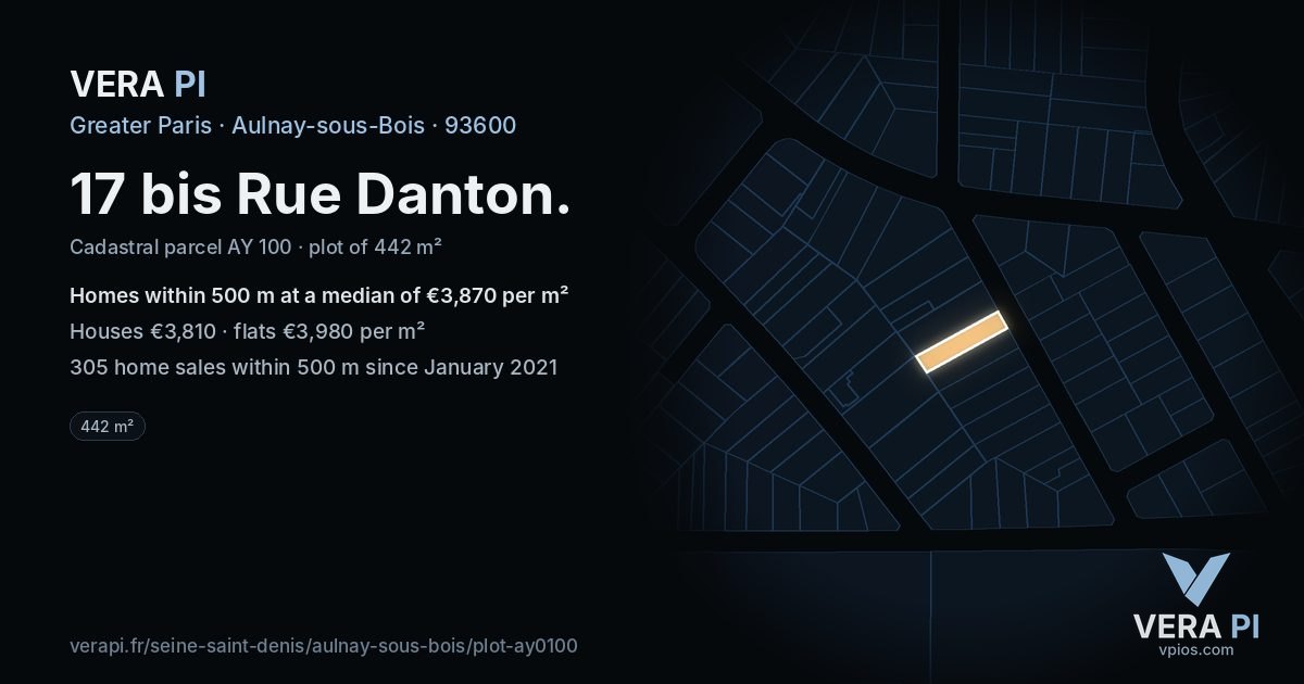 17 bis Rue Danton, Aulnay-sous-Bois at night – the plot lit, the parcels around coloured by the prices near them