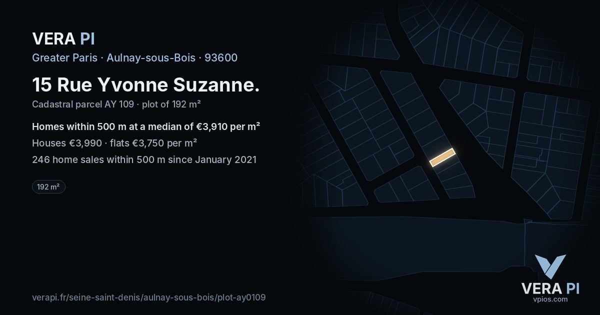 15 Rue Yvonne Suzanne, Aulnay-sous-Bois at night – the plot lit, the parcels around coloured by the prices near them
