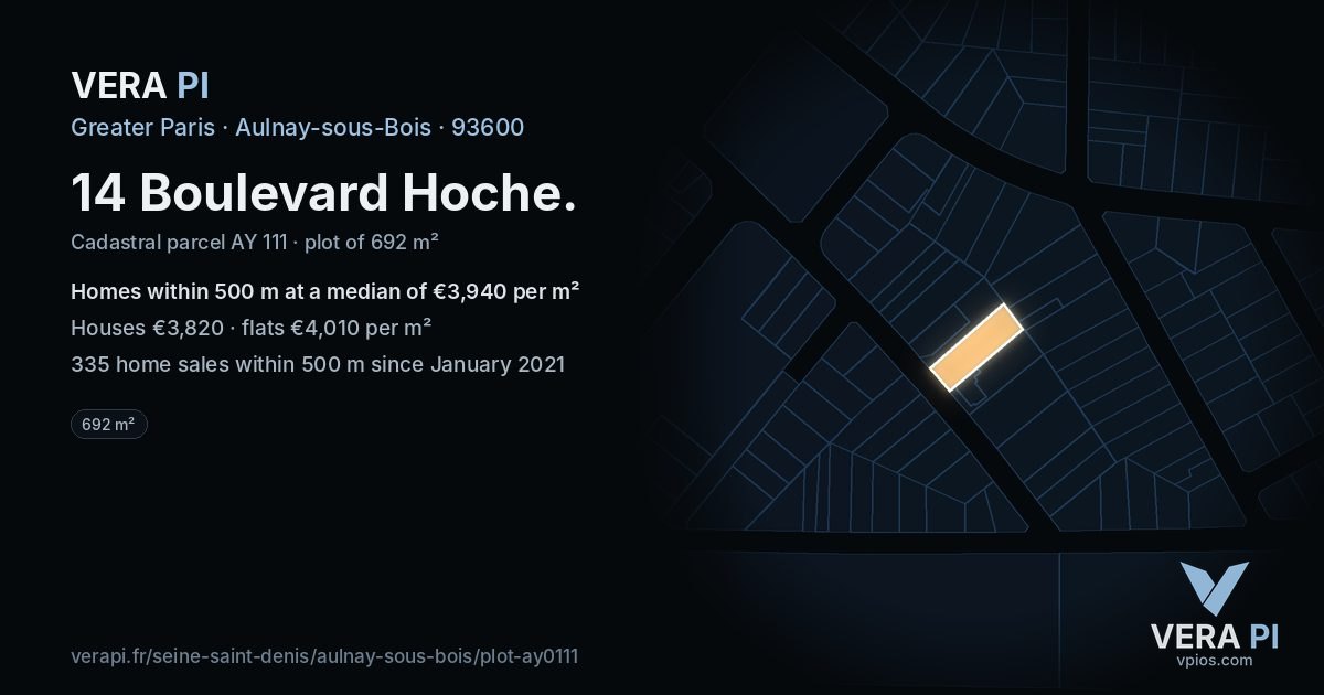 14 Boulevard Hoche, Aulnay-sous-Bois at night – the plot lit, the parcels around coloured by the prices near them
