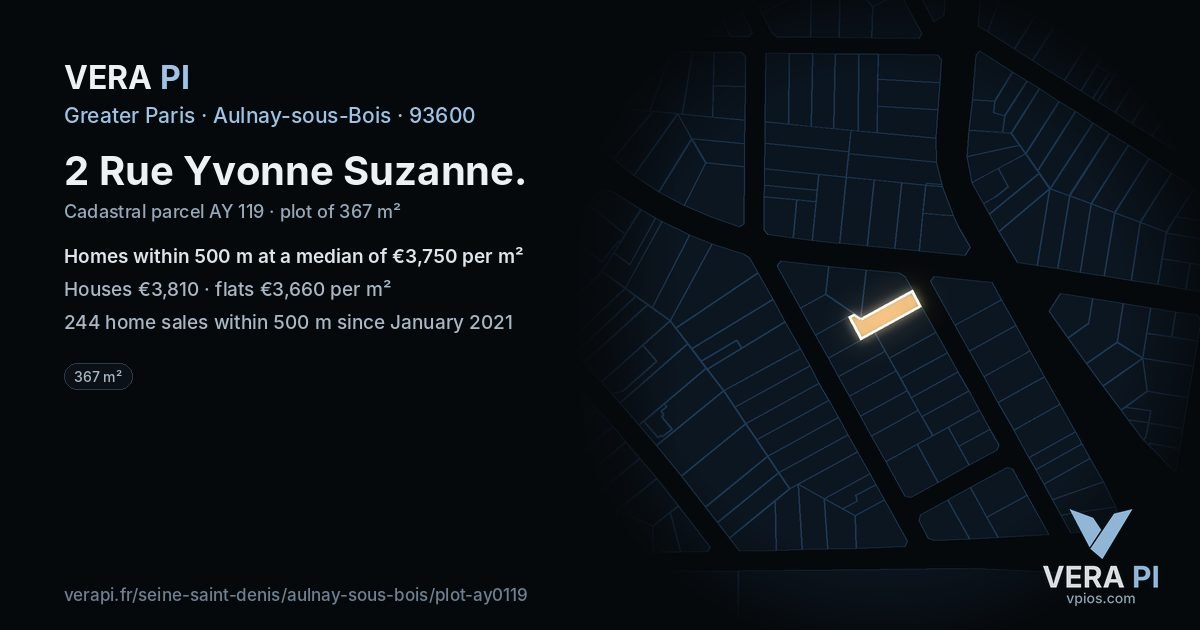 2 Rue Yvonne Suzanne, Aulnay-sous-Bois at night – the plot lit, the parcels around coloured by the prices near them
