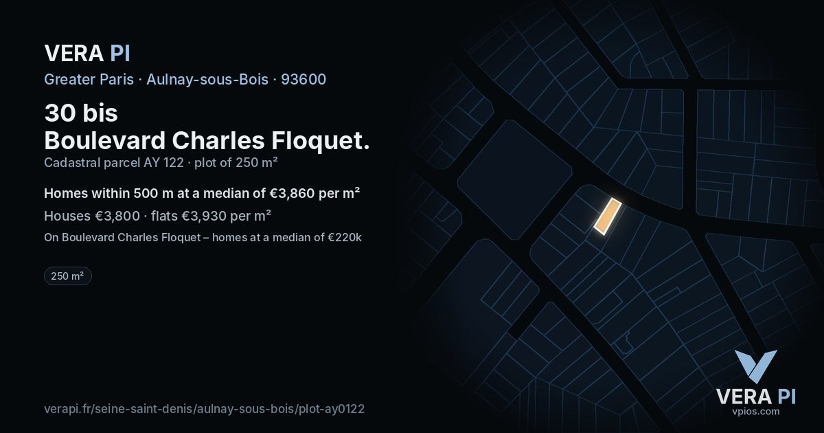 30 bis Boulevard Charles Floquet, Aulnay-sous-Bois at night – the plot lit, the parcels around coloured by the prices near them