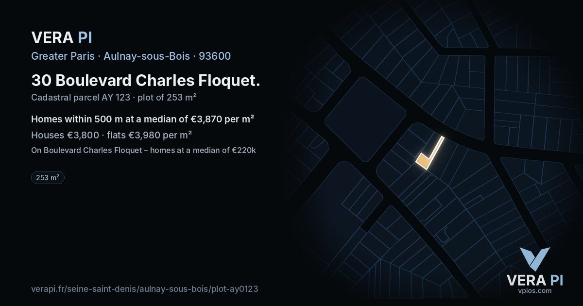 30 Boulevard Charles Floquet, Aulnay-sous-Bois at night – the plot lit, the parcels around coloured by the prices near them