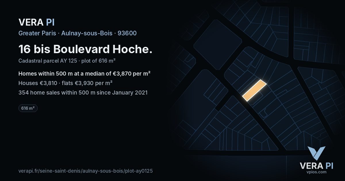 16 bis Boulevard Hoche, Aulnay-sous-Bois at night – the plot lit, the parcels around coloured by the prices near them