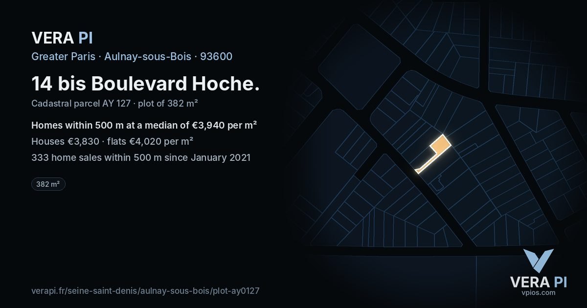 14 bis Boulevard Hoche, Aulnay-sous-Bois at night – the plot lit, the parcels around coloured by the prices near them
