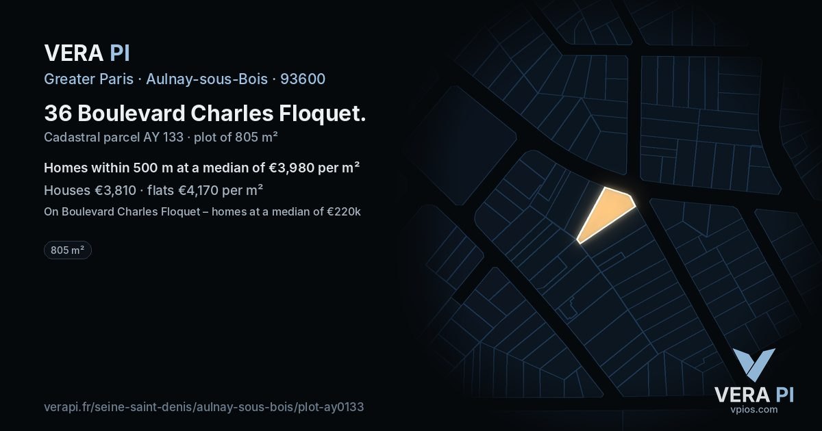 36 Boulevard Charles Floquet, Aulnay-sous-Bois at night – the plot lit, the parcels around coloured by the prices near them