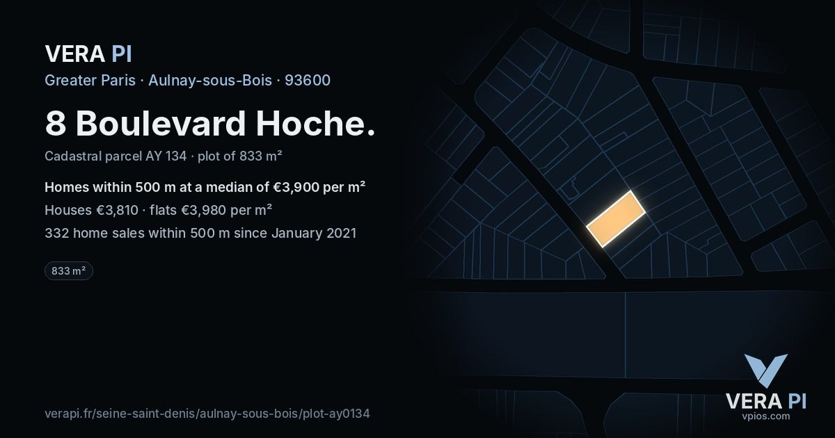 8 Boulevard Hoche, Aulnay-sous-Bois at night – the plot lit, the parcels around coloured by the prices near them