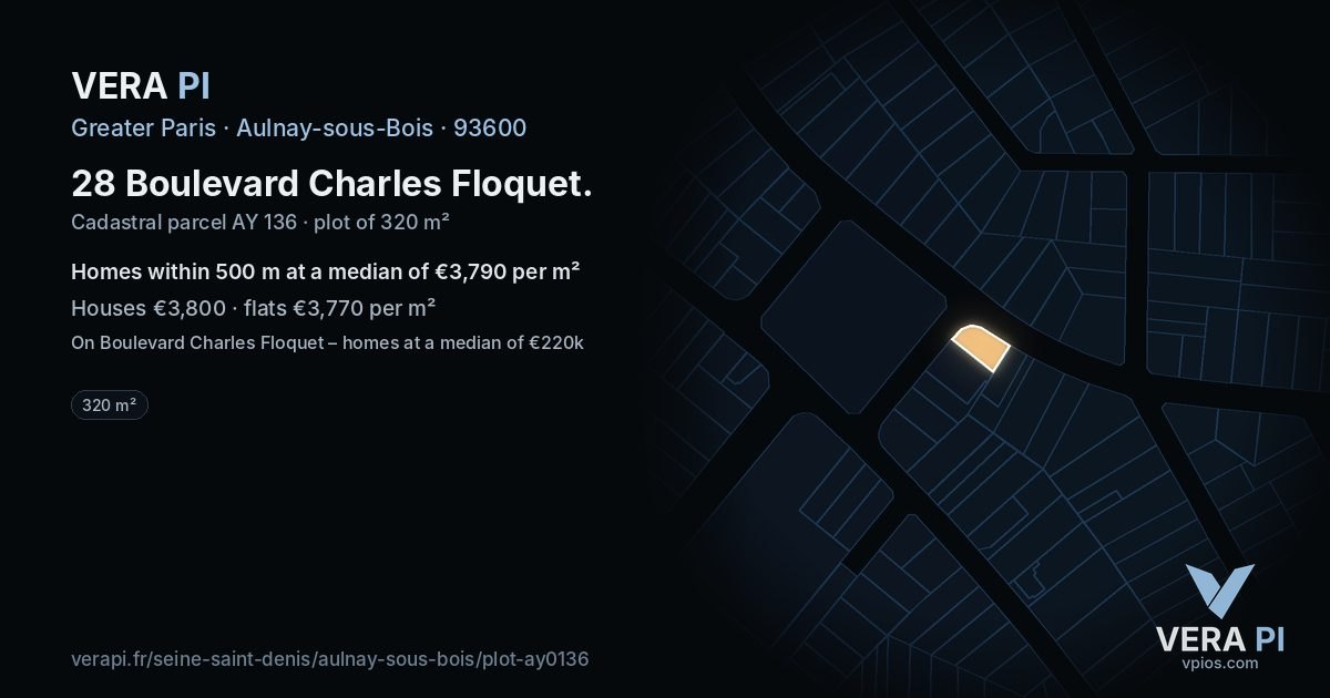 28 Boulevard Charles Floquet, Aulnay-sous-Bois at night – the plot lit, the parcels around coloured by the prices near them