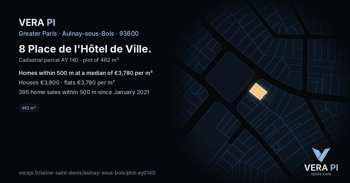 8 Place de l'Hôtel de Ville, Aulnay-sous-Bois at night – the plot lit, the parcels around coloured by the prices near them