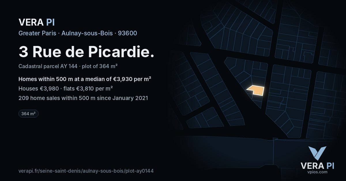 3 Rue de Picardie, Aulnay-sous-Bois at night – the plot lit, the parcels around coloured by the prices near them