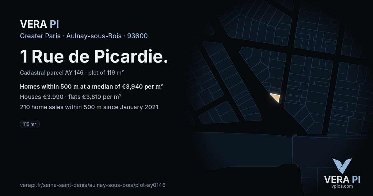 1 Rue de Picardie, Aulnay-sous-Bois at night – the plot lit, the parcels around coloured by the prices near them