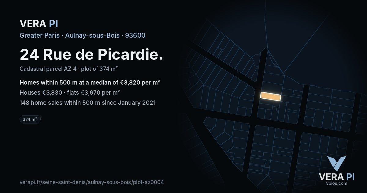 24 Rue de Picardie, Aulnay-sous-Bois at night – the plot lit, the parcels around coloured by the prices near them
