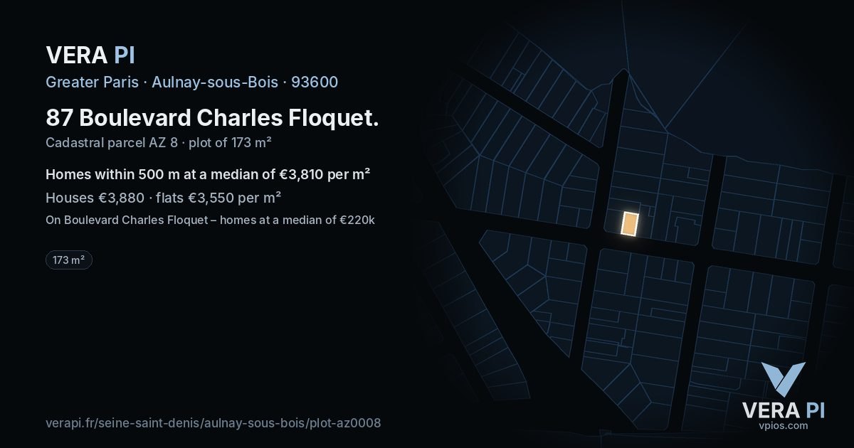 87 Boulevard Charles Floquet, Aulnay-sous-Bois at night – the plot lit, the parcels around coloured by the prices near them