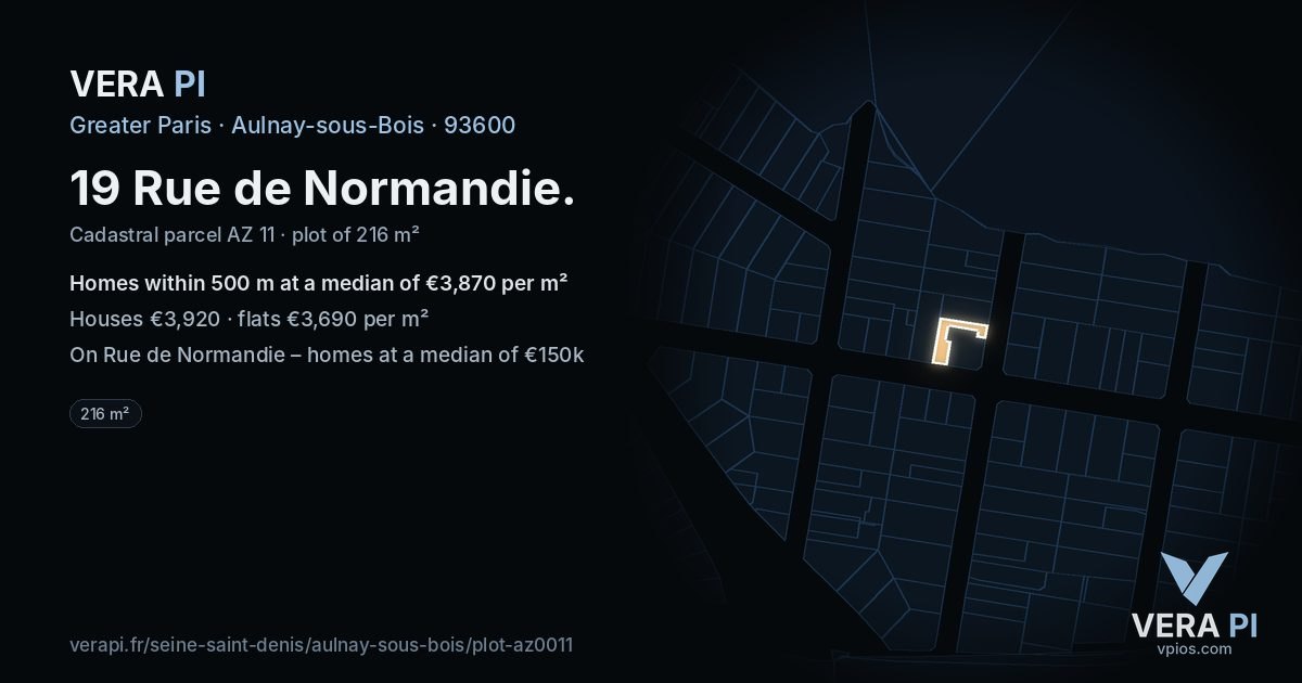 19 Rue de Normandie, Aulnay-sous-Bois at night – the plot lit, the parcels around coloured by the prices near them