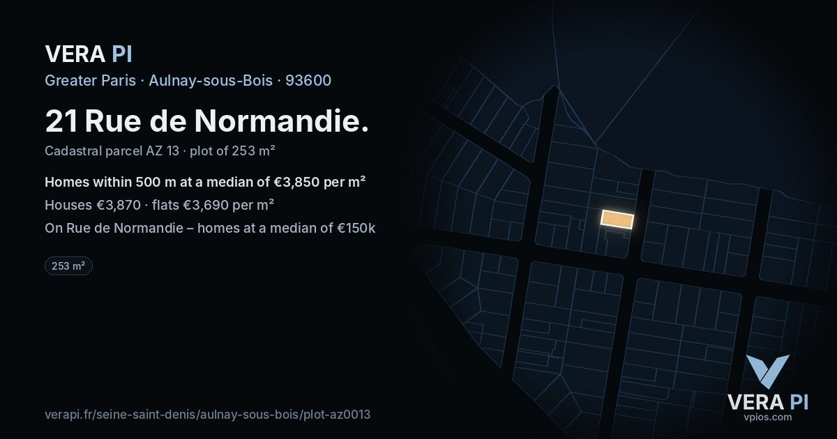 21 Rue de Normandie, Aulnay-sous-Bois at night – the plot lit, the parcels around coloured by the prices near them