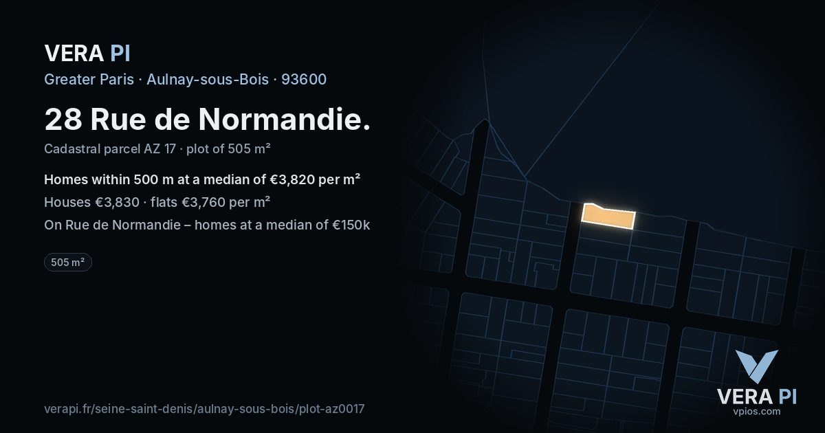 28 Rue de Normandie, Aulnay-sous-Bois at night – the plot lit, the parcels around coloured by the prices near them