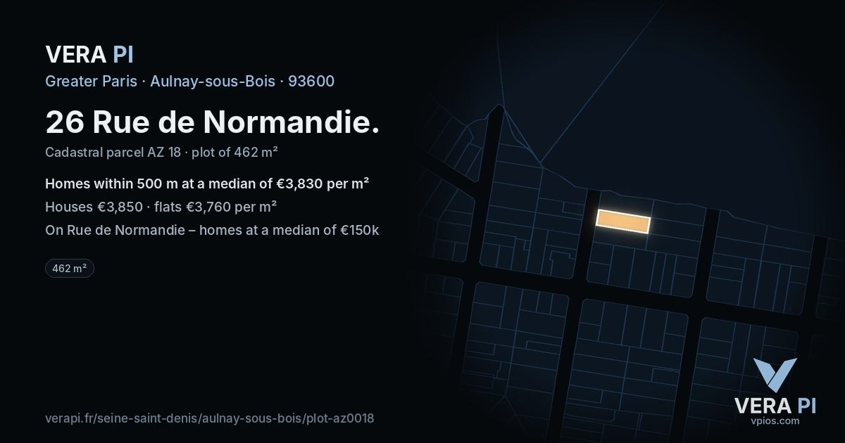 26 Rue de Normandie, Aulnay-sous-Bois at night – the plot lit, the parcels around coloured by the prices near them